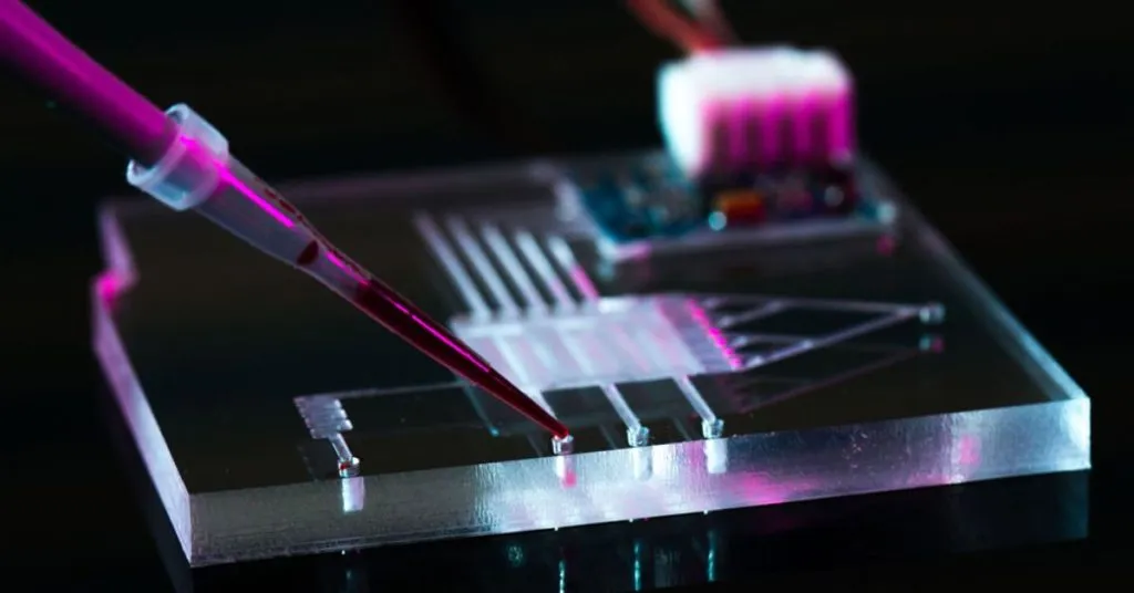 Organ on a chip photographed in close up and under accented pink lighting on a dark background